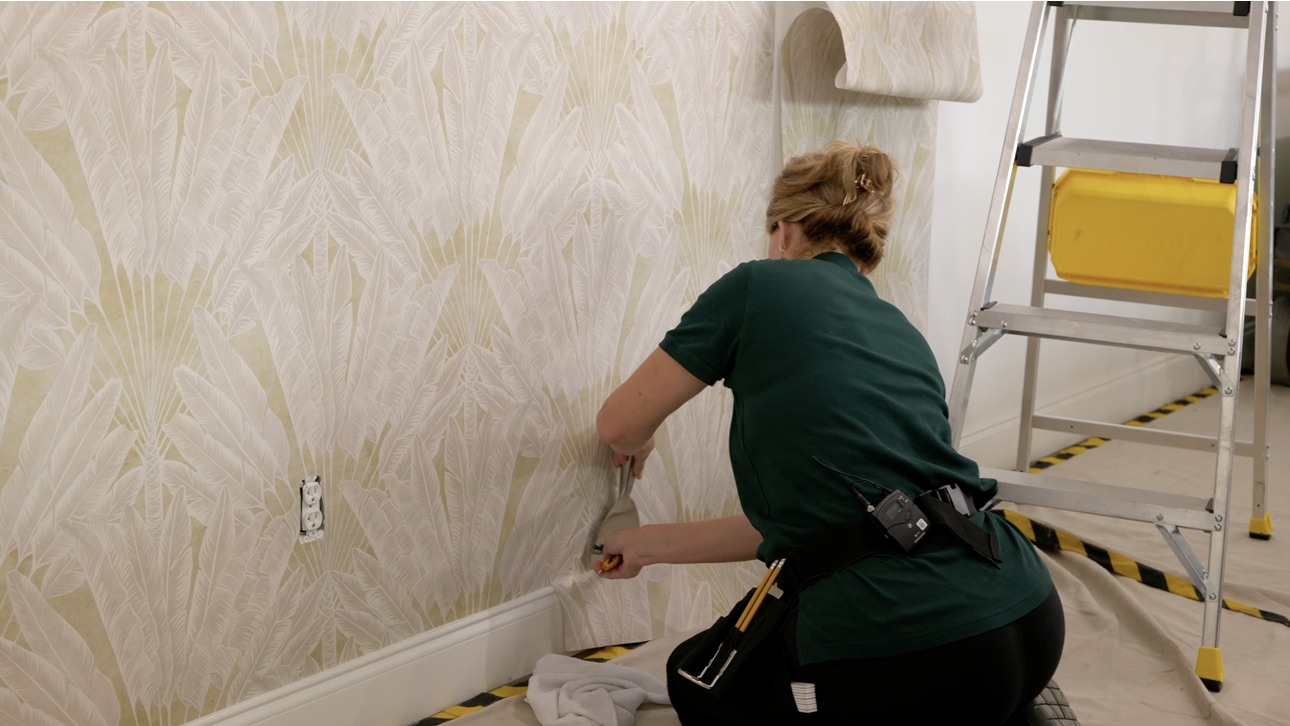 Wallpaper installation detail in a finished interior